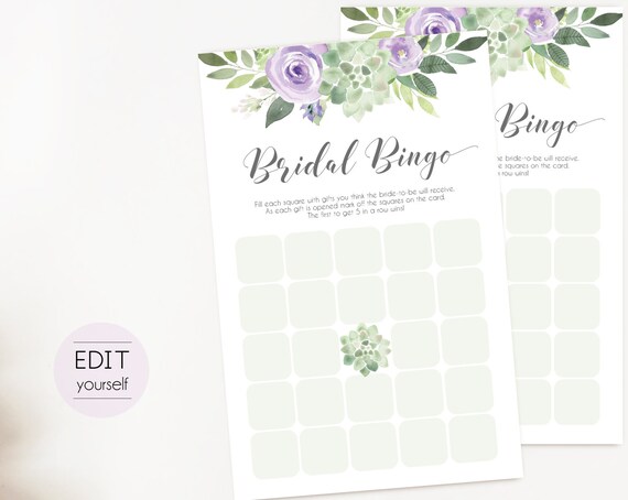 Bridal Bingo Game Editable PDF Bridal Shower, Succulent Lilac Greenery Watercolor Flowers, Wedding shower game Bachelorette party