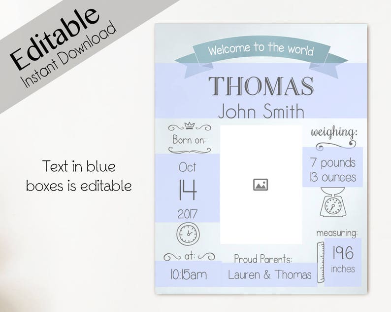 Editable PDF Birth Announcement Print Sign poster wall art instant download BIRTH Stats printable wall art template whiteboard boy baby
