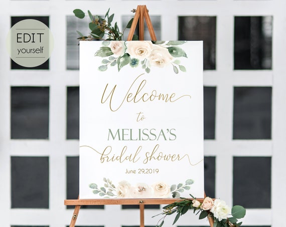 Welcome Sign Bridal Shower, Template Bridal Shower, Editable PDF, Welcome Bridal Shower, White Blush, Greenery, Floral Gold, Editable Sign