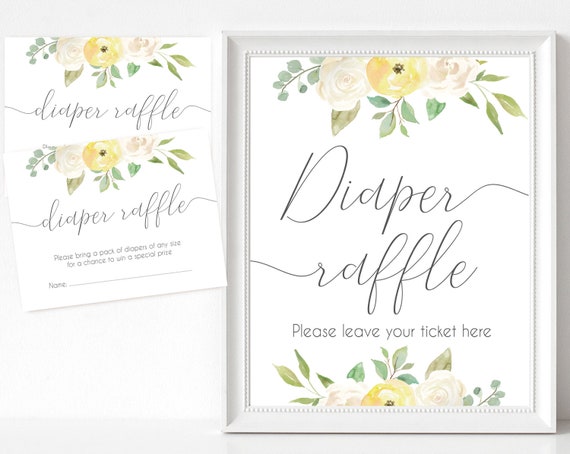 Diaper Raffle Sign, Diaper Raffle Card, Baby Shower Sign Printable, Romantic Yellow White Floral, Baby Shower, Instant Download