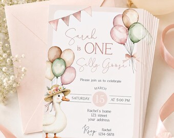 One Silly Goose birthday invitation, First Birthday Editable Birthday Invitation Template, 1st Birthday Party Invite, Corjl, SG26