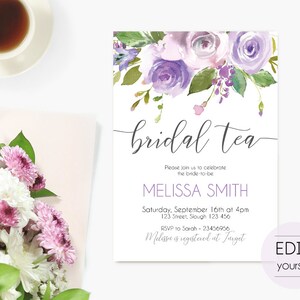 May include: Purple and white floral bridal tea invitation with the text "bridal tea" in cursive. The invitation includes the bride-to-be's name, Melissa Smith, the date and time of the event, the address, RSVP information, and the text "Melissa is registered at Target".