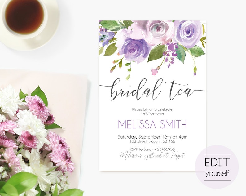 May include: Purple and white floral bridal tea invitation with the text "bridal tea" in cursive. The invitation includes the bride-to-be's name, Melissa Smith, the date and time of the event, the address, RSVP information, and the text "Melissa is registered at Target".