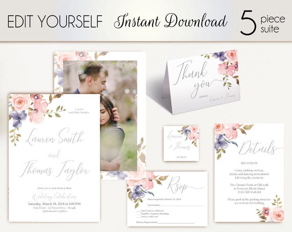 Wedding Invitation Template Wedding Invite Set Romantic Blush Pink Grey Niagara Flowers with photo picture Wedding Invite Instant Download