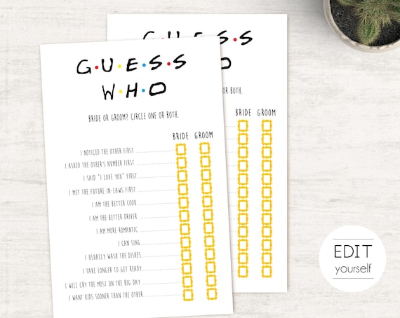 Friends Tv Show Bridal Shower Game, Editable He Said She Said, Bachelorette game, Friends Theme, Friends Bridal Shower