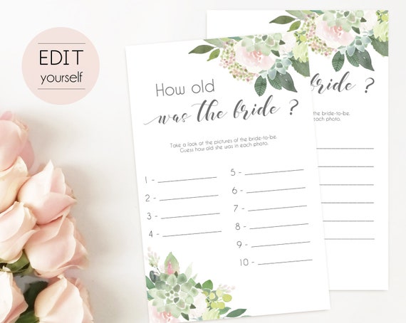 Bridal Shower Game, How old was the bride Editable PDF Bridal Shower, Succulent Bridal Shower Blush Pink, Watercolor Flowers, Editable Game