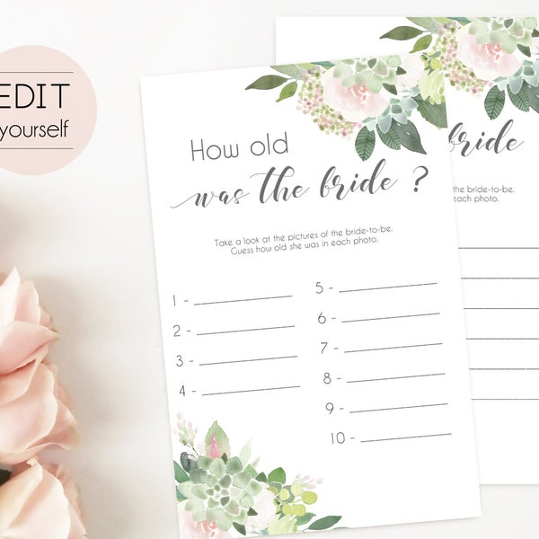 Bridal Shower Game, How old was the bride Editable PDF Bridal Shower, Succulent Bridal Shower Blush Pink, Watercolor Flowers, Editable Game