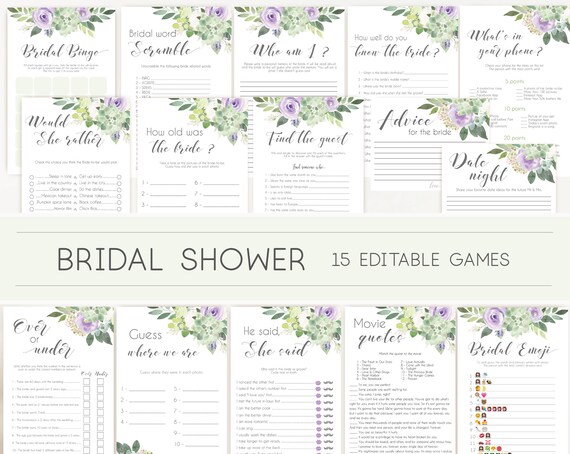 Bridal Shower Games, Bridal Shower Games Bundle, Editable Bridal Shower Games, Package Set Bundle, Succulent Lilac Greenery