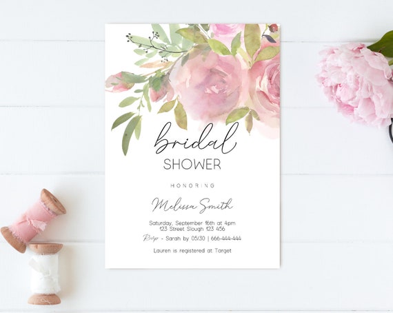 Bridal Shower Invitation Editable PDF, Bridal Shower Printable, Romantic Blush Roses, Pink Floral, DIY Bridal Shower Invitation Pink