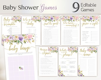 Juegos de Baby Shower lila de oro púrpura, paquete de paquetes de juegos de Baby Shower editables, juego de juegos editables Baby Shower dorado púrpura y rosa,