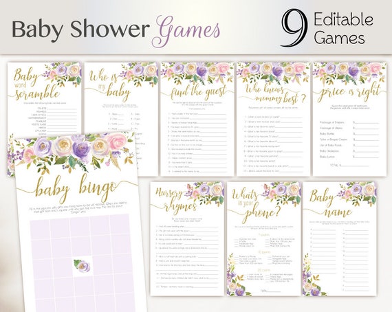 Baby Shower Games purple gold lilac, Editable Baby Shower Game Package Set Bundle, Editable Games Baby Shower gold purple and pink Game Set,