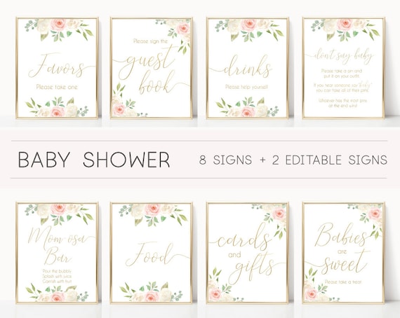 Baby Shower Sign, Baby Shower Sign Bundle, pink and gold, Editable Sign, Baby shower Decor, Romantic Blush Pink Floral