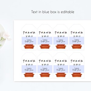 May include: Eight white gift tags with a light blue background and the text "THANK YOU" in black. The text is in a stylized font with colorful dots. Each tag features a cartoon image of a brown couch with orange cushions. The text "Lauren's Bridal Shower" is printed in black below the couch.