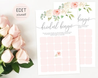Bridal Bingo Game, Editable PDF, Bridal Shower Romantic Blush Pink White Floral, Watercolor Flowers, Wedding shower game Bachelorette party