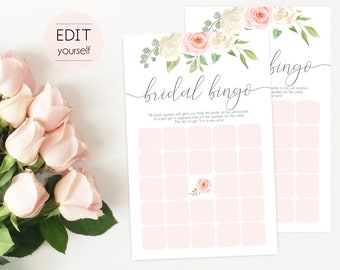 May include: A pink and white bridal shower bingo card with floral illustrations. The card has a grid of squares with the text "bridal bingo" at the top. The text "Fill each square with gifts you think the bride to be will receive. As each gift is opened mark off the squares on the card. The first to get 5 in a row wins!" is below the grid.