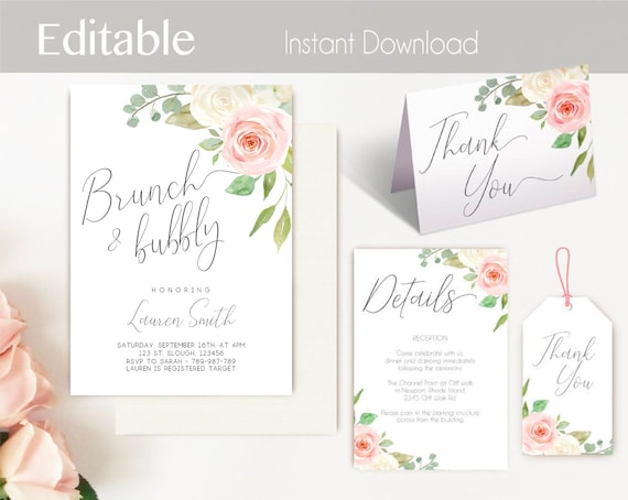 Brunch and Bubbly Invitation Set, Editable PDF Bridal Shower Printable Romantic Blush Pink White Floral Details card Thank you card Gift Tag