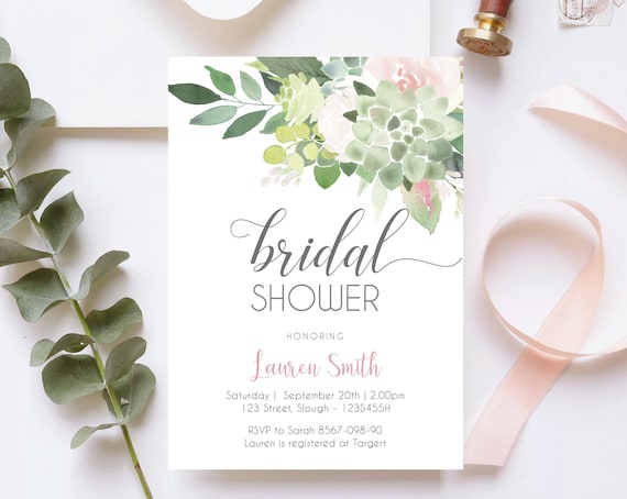 Succulent Bridal Shower Invitation, Editable Succulent Dusty Rose Bridal Shower invitation, Printable Bridal Shower Invitation, Editable PDF