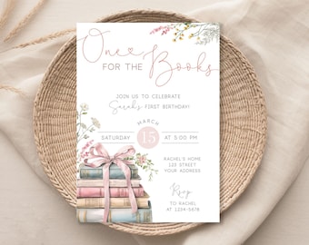 One for the Books invitation, First Birthday Editable Birthday Invitation Template, 1st Birthday Party Floral Book Invite, Corjl, BL25