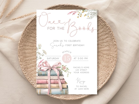 One for the Books invitation, First Birthday Editable Birthday Invitation Template, 1st Birthday Party Floral Book Invite, Corjl, BL25