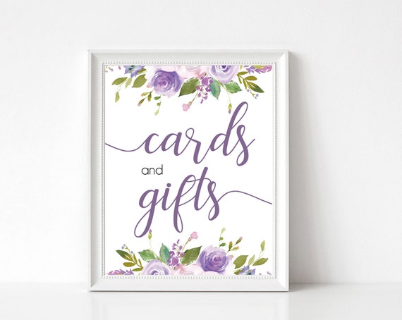 Cards and Gifts sign, Purple Sign, Cards sign, gifts sign, Bridal Shower table sign, instant download, Lilac Lavender Purple Floral Sign