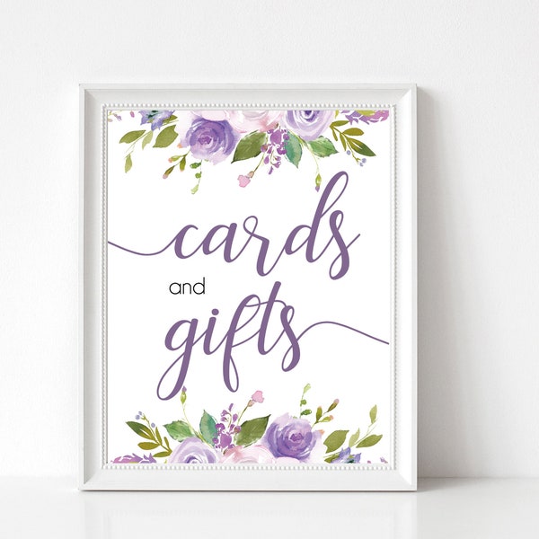 Cards and Gifts sign, Purple Sign, Cards sign, gifts sign, Bridal Shower table sign, instant download, Lilac Lavender Purple Floral Sign