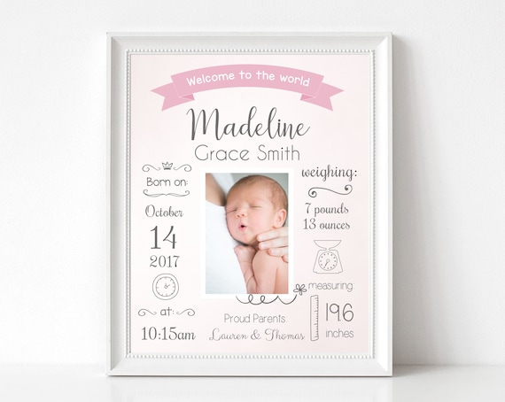 Birth Announcement, Editable BIRTH Stats printable wall art template, Print Sign poster wall art, Baby girl gift, instant download, Corjl