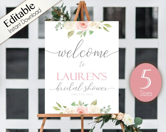 Welcome Sign Bridal Shower, Template Bridal Shower, Welcome Bridal Shower Sign Romantic White Blush Pink Floral, Editable Sign, Corjl