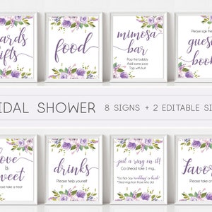 Ensemble de signe de douche nuptiale, paquet de signe de douche nuptiale, signe de thé nuptiale imprimable, signe floral lilas lavande violet, signe modifiable Corjl