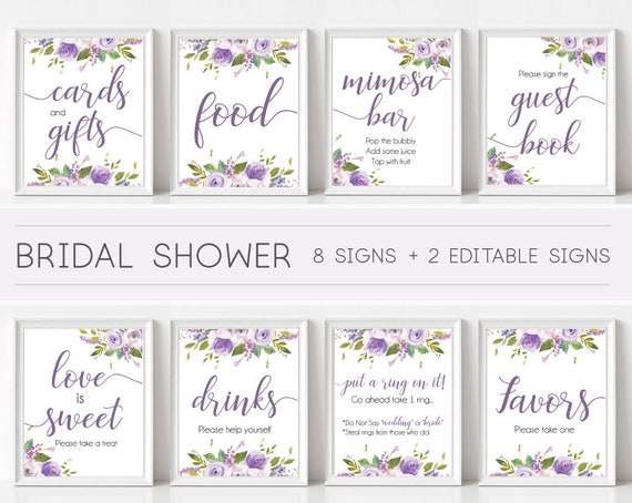 Bridal Shower Sign Set, Bridal Shower Sign Package Bundle, Printable Bridal Tea Sign, Lilac Lavender Purple Floral Sign, Editable Sign Corjl