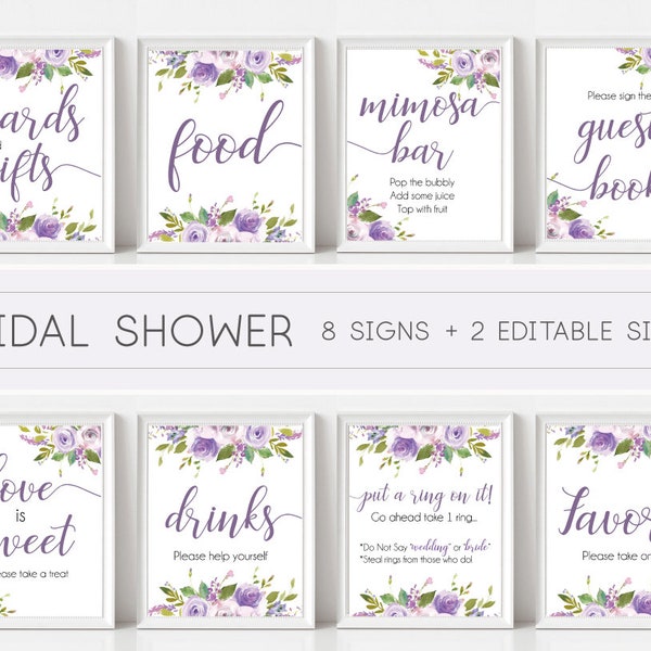 Bridal Shower Sign Set, Bridal Shower Sign Package Bundle, Printable Bridal Tea Sign, Lilac Lavender Purple Floral Sign, Editable Sign Corjl