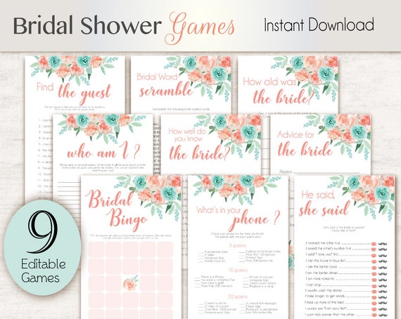 Bridal Shower Games, Editable Bridal Shower Games Package Set Bundle, Editable games, Bridal Shower Games Coral Peach Mint Turquoise Games