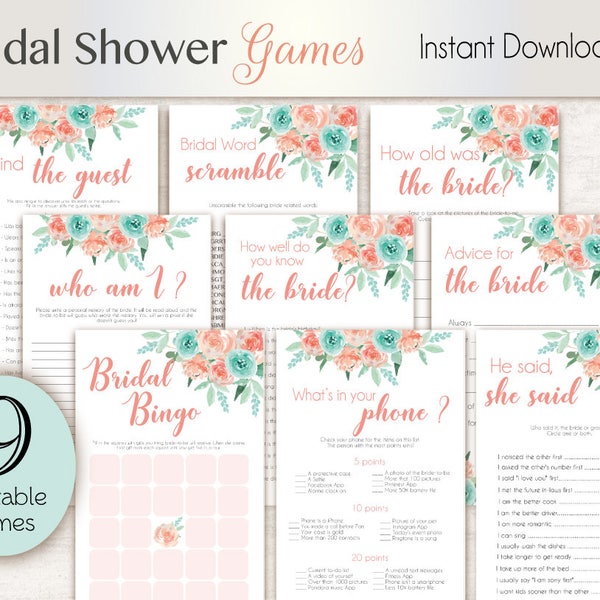 Bridal Shower Games, Editable Bridal Shower Games Package Set Bundle, Editable games, Bridal Shower Games Coral Peach Mint Turquoise Games