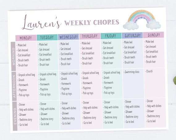 Editable Chore Chart Weekly Planner Rainbow, Kids Responsibility Reward Chart Printable Editable Template, Routine Schedule Chart, Corjl