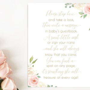 Baby Shower Please sign the Guestbook Printable Sign, Baby Shower Sign Printable, Romantic Blush Pink White Floral Gold, Instant Download