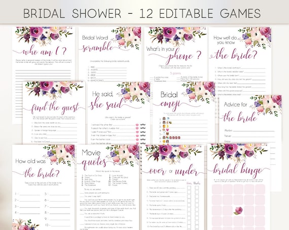 Bridal Shower Games, Editable Games, Games Package, Bridal Shower Games Bundle, Lavender Purple Floral, Wedding Shower Games