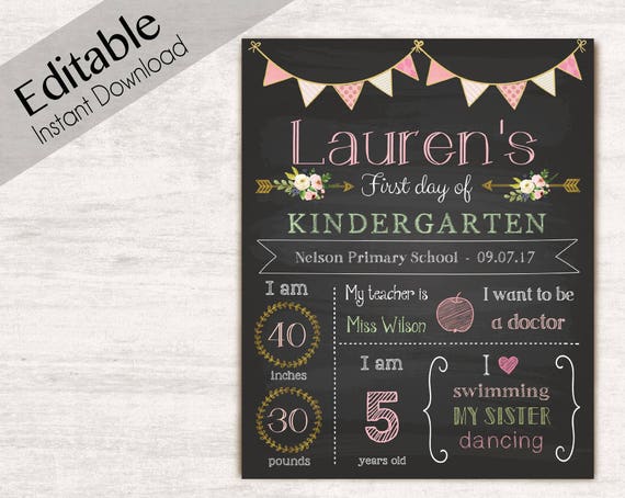 First Day of School Chalkboard Print, Editable Text, DIY, Art Print, Chalkboard Sign, Kindergarten, Grade School, Flower, INSTANT DOWNLOAD