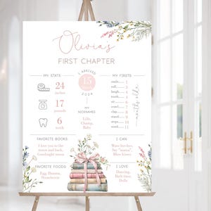 May include: A decorative sign on an easel with the text "Olivia's FIRST CHAPTER." The sign includes stats: 61 cm, 7.7 kg, and 6 teeth. It also lists favorite books, foods, and milestones, with floral accents and a stack of books.