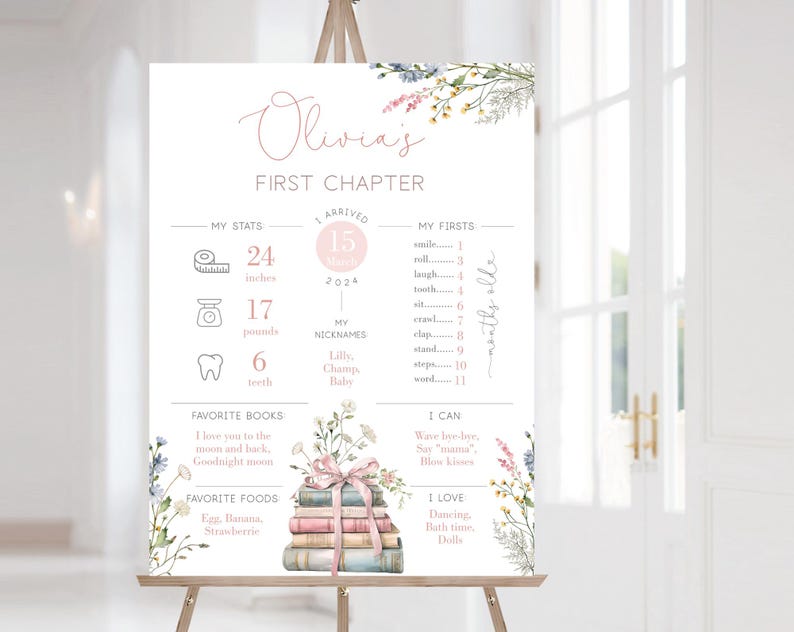 May include: A decorative sign on an easel with the text "Olivia's FIRST CHAPTER." The sign includes stats: 61 cm, 7.7 kg, and 6 teeth. It also lists favorite books, foods, and milestones, with floral accents and a stack of books.