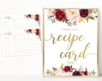 Floral Recipe Cards, Marsala Burgundy, Bridal Shower (Digital Download)