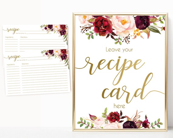 Recipe Cards Bridal Shower, Recipe Sign, Recipe Card Printable, Marsala Burgundy Blush Floral Gold, Recipe Card Floral INSTANT DOWNLOAD