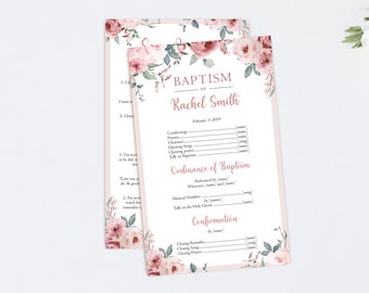May include: A pink and white floral design baptism program for Rachel Smith, dated February 3, 2019. The program includes the order of service for the baptism ceremony and confirmation.