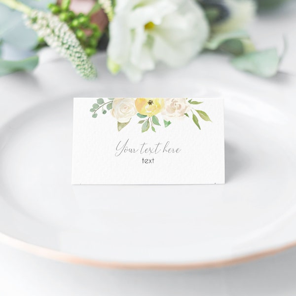 EDITABLE Place Cards, Printable Romantic Yellow White Tent Card, Yellow White Flower, Editable Place Card Bridal Shower, Folded Card