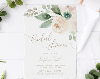 Greenery Bridal Shower Invitation, Bridal Shower Printable, Greenery Bridal, White Floral Gold, DIY Bridal Invitation, Corjl