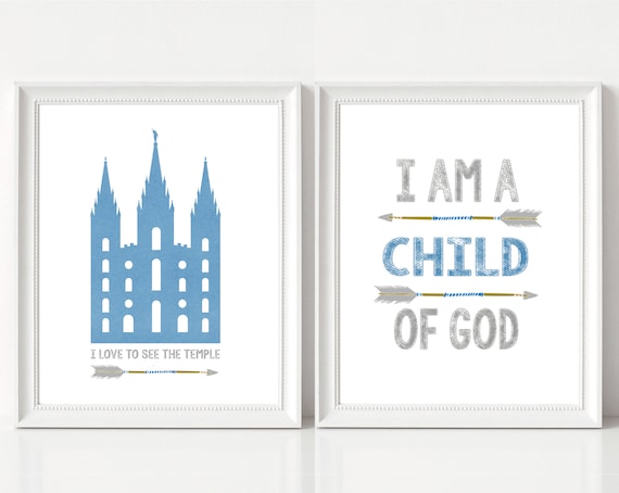 I am a child of God, LDS Temple, I love to see the temple, Instant Download, LDS Gift Art, Boy room decor, blue and grey, arrows