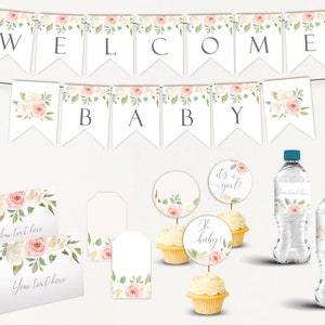May include: A set of printable baby shower decorations featuring a floral theme with pink and white flowers. The set includes a welcome banner, a baby banner, cupcake toppers, water bottle labels, and place cards. The text on the banners reads "Welcome" and "Baby". The cupcake toppers say "It's a girl!" and "Oh baby!" The water bottle labels and place cards have the text "Your text here".