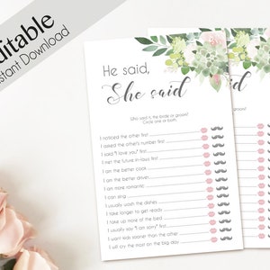 He Said She Said Bridal Shower Game greenery succulent Editable Games Bridal shower printable game bridal shower green blush pink flowers