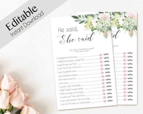 He Said She Said Bridal Shower Game greenery succulent Editable Games Bridal shower printable game bridal shower green blush pink flowers