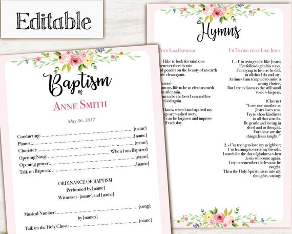 Baptism Program, Editable PDF, Printable Digital Handout Girl Baptism, flowers, Girl Baptism Template