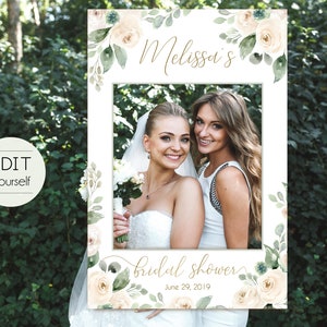 Bridal Shower Photo Booth Frame, Photo Prop Frame, Photo Booth Prop, Instant Download, White Blush Greenery Floral Gold, Corjl