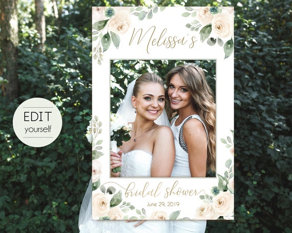 Bridal Shower Photo Booth Frame, Photo Prop Frame, Photo Booth Prop, Instant Download, White Blush Greenery Floral Gold, Corjl